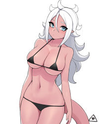 Rule 34 | 1girl, android 21, arms at sides, bare arms, bare shoulders, bikini, black bikini, blue eyes, blush, breasts, cleavage, closed mouth, colored skin, donburi (donburikazoku), dragon ball, dragon ball fighterz, hair between eyes, halterneck, highres, large breasts, legs together, long hair, looking at viewer, lowleg, lowleg bikini, majin android 21, micro bikini, navel, pink skin, pointy ears, simple background, skindentation, solo, string bikini, swimsuit, tail, thighs, white background, white hair, wide hips