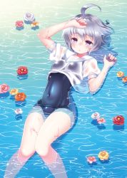 Rule 34 | 1girl, ahoge, blouse, flower, long hair, lying, one-piece swimsuit, partially submerged, pop&#039;n music, purple eyes, school swimsuit, shirt, shouni (sato3), silver hair, solo, swimsuit, swimsuit under clothes, t-shirt, water, white shirt