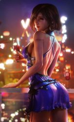 Rule 34 | 3d, absurdres, artist name, ass, asymmetrical bangs, bare arms, black hair, blue dress, bob cut, breasts, dress, earrings, final fantasy, final fantasy vii, final fantasy vii remake, highres, holding wine glass, jewelry, large breasts, lipstick, makeup, red eyes, red wine, ria-neearts, short hair, sideboob, square enix, tifa lockhart, upper body, wall market, wine