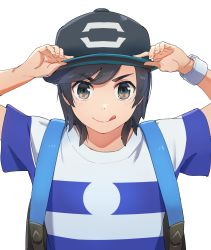 Rule 34 | 1boy, :q, baseball cap, black hair, black hat, blush, bracelet, closed mouth, commentary request, creatures (company), elio (pokemon), game freak, grey eyes, hands on headwear, hat, highres, hsin, jewelry, looking at viewer, male focus, medium hair, nintendo, pokemon, pokemon sm, shirt, short sleeves, simple background, smile, solo, strap, t-shirt, tongue, tongue out, upper body, white background, z-ring