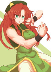Rule 34 | 1girl, absurdres, alternate costume, bare shoulders, beret, braid, breasts, china dress, chinese clothes, dress, fugaku (miko no miyatsuguchi), green eyes, hat, hat ornament, highres, hong meiling, large breasts, long hair, martial arts, muscular, muscular female, simple background, star (symbol), touhou, wrist cuffs
