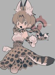 Rule 34 | 1girl, animal ear fluff, animal ears, animal print, ass, bad id, bad pixiv id, bare shoulders, bow, bowtie, breasts, brown bow, brown bowtie, brown eyes, brown hair, brown skirt, brown thighhighs, cat ears, cat tail, cropped legs, elbow gloves, fang, gloves, grey background, highres, japari symbol, kemono friends, looking at viewer, medium breasts, open mouth, panda23577667, print bow, print bowtie, print gloves, print skirt, print thighhighs, serval (kemono friends), shirt, shirt tucked in, simple background, skirt, sleeveless, sleeveless shirt, slit pupils, smile, solo, tail, thighhighs, white shirt