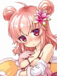 Rule 34 | 1girl, :&lt;, ahoge, breasts, curcuma (flower knight girl), double bun, flower, flower knight girl, gloves, hair bun, hair flower, hair ornament, looking at viewer, name connection, nipples, object namesake, pink eyes, pink gloves, pink hair, rope, sasayuki, shiny skin, short hair, small breasts, solo, upper body, white background, x hair ornament