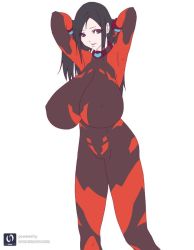 Rule 34 | 1girl, bad id, bad twitter id, black hair, bodysuit, breasts, female focus, flat color, huge breasts, impossible clothes, inactive account, long hair, mnjs, plugsuit, solo, white background