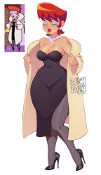 1girl 2024 20s absurdres black_dress black_footwear black_pantyhose blush bracelet breasts cartoon_network cleavage closed_eyes coat collarbone comparison dexter&#039;s_laboratory dexter&#039;s_mom dress earrings eyeshadow fur_coat high_heels highres jewelry makeup mature_female medium_breasts necklace pantyhose parted_lips pearl_necklace red_hair red_lips reference_inset removing_coat shoes short_hair standing strapless strapless_dress teeth thick_thighs thighs white_background white_coat wide_hips zeshgolden