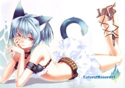 Rule 34 | 1girl, animal ears, ankle lace-up, arm support, armor, belt, bikini, bikini armor, bikini skirt, bikini top only, blue hair, cat ears, cat tail, choker, colored eyelashes, cross-laced footwear, eyelashes, flat chest, frilled skirt, frills, high heels, highres, hirano katsuyuki, jewelry, lace-up heels, laces, lying, non-web source, o-ring, o-ring top, o o, on stomach, open shoes, orange eyes, ring, shoes, skirt, solo, studded belt, swimsuit, tail
