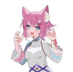 Rule 34 | alicia cotton, animal ear fluff, animal ears, blue eyes, cat girl, fang, foxx (rftx8228), hair between eyes, hair ornament, indie virtual youtuber, long sleeves, open mouth, pink hair, short hair, short ponytail, skin fang, solo, upper body, vietnamese dress, virtual youtuber, white background, wing hair ornament