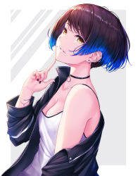 Rule 34 | 1girl, absurdres, black jacket, black nails, blue hair, bracelet, breasts, brown hair, choker, cleavage, collarbone, ear piercing, earrings, gradient hair, highres, jacket, jewelry, medium breasts, mole, mole under mouth, multicolored hair, nail polish, off shoulder, open clothes, open jacket, original, parted lips, piercing, rama (yu-light8), ring, shirt, short hair, sleeveless, sleeveless shirt, solo, swept bangs, upper body, white background, white shirt, yellow eyes