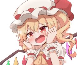 Rule 34 | 1girl, ascot, blonde hair, blush, bow, coruthi, crystal, flandre scarlet, frilled shirt, frilled sleeves, frills, hands on own cheeks, hands on own face, hat, hat ribbon, heart, heart-shaped pupils, laevatein (touhou), looking at viewer, mob cap, one side up, open mouth, puffy short sleeves, puffy sleeves, red bow, red eyes, red ribbon, red vest, ribbon, shirt, short hair, short sleeves, side ponytail, simple background, smile, solo, symbol-shaped pupils, touhou, upper body, vest, white background, white shirt, wings, yellow ascot