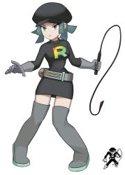Rule 34 | 1girl, belt, black dress, black hat, boots, closed mouth, creatures (company), dress, flowers-imh, full body, game freak, gloves, green hair, grey belt, grey eyes, grey footwear, grey gloves, hat, highres, holding, holding whip, logo, nintendo, pigeon-toed, pokemon, pokemon usum, serious, standing, team rainbow rocket, team rainbow rocket grunt, team rainbow rocket uniform, thigh boots, thighhighs, thighs, v-shaped eyebrows, whip