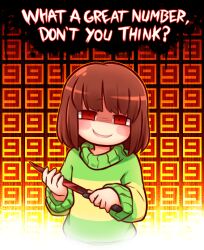 Rule 34 | 1other, blood, bloody knife, blunt bangs, blush stickers, brown hair, chara (undertale), commentary, english text, evil smile, gamugun (ransaros), green sweater, holding, holding knife, knife, looking at viewer, number background, open mouth, orange background, other focus, outline, patterned background, red eyes, shaded face, short hair, single horizontal stripe, smile, solo, spanish commentary, striped clothes, striped sweater, sweater, undertale