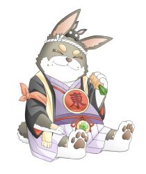 Rule 34 | 1boy, :3, alternate species, animal ears, black jacket, carrot, closed eyes, closed mouth, commentary request, eating, food, food on face, full body, furry, furry male, happi, heath (alicebeatj9), highres, jacket, japanese clothes, kimono, long sleeves, mahjong soul, male focus, pawpads, purple kimono, rabbit boy, rabbit ears, rabbit tail, simple background, sitting, smile, solo, tail, thick eyebrows, wanjirou, white background