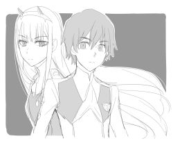 Rule 34 | 10s, 1boy, 1girl, couple, darling in the franxx, grey background, greyscale, hair ornament, hairband, hetero, hiro (darling in the franxx), horns, k 016002, long hair, looking at viewer, military, military uniform, monochrome, necktie, oni horns, short hair, simple background, uniform, zero two (darling in the franxx)