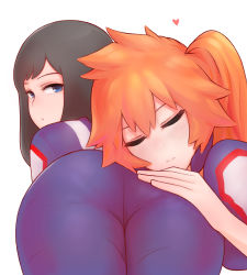 Rule 34 | 10s, 2girls, ass, ass focus, black hair, blue eyes, blush, boku no hero academia, curvy, closed eyes, half-closed eyes, hand on another&#039;s ass, head on ass, heart, hip focus, huge ass, jacket, kendou itsuka, kodai yui, looking at viewer, looking back, lying, multiple girls, on stomach, orange hair, pants, ponytail, resting, shpo, simple background, smile, thick thighs, thighs, track and field, track jacket, track pants, track suit, white background, wide hips