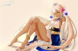 Rule 34 | 1girl, anklet, arched soles, bare legs, bare shoulders, barefoot, blonde hair, blue bow, blue ribbon, blue skirt, bow, breasts, dark-skinned female, dark skin, dress, elbow gloves, full body, gloves, hair ornament, halterneck, hand on own knee, headpiece, highres, hololive, hololive english, jewelry, large breasts, limiter (tsukumo sana), long hair, looking at viewer, neck ribbon, orange eyes, planet hair ornament, purple (jobseeking), ribbon, sideboob, signature, simple background, sitting, skirt, sleeveless, sleeveless dress, smile, solo, tsukumo sana, tsukumo sana (1st costume), twintails, very long hair, virtual youtuber, white dress, white gloves