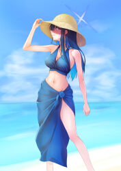 Rule 34 | 1girl, absurdres, akinagi, alternate costume, bare arms, bare shoulders, bikini, blue archive, blue bikini, blue eyes, blue hair, blue sky, cloud, commentary request, day, feet out of frame, halo, hat, highres, long hair, looking at viewer, navel, ocean, saori (blue archive), sarong, sky, solo, standing, stomach, sun hat, swimsuit, thighs, water