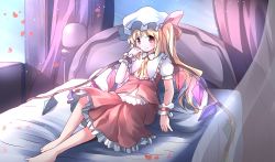 Rule 34 | 1girl, ascot, bad id, bad pixiv id, bed, blonde hair, flandre scarlet, hat, highres, long hair, looking at viewer, lying, mob cap, petals, pillow, red eyes, risutaru, side ponytail, smile, solo, touhou, wings, wrist cuffs