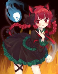 Rule 34 | 1girl, :3, :d, animal ears, bell, black bow, black ribbon, blue fire, blunt bangs, blush, bow, bowtie, braid, cat ears, cat tail, contrapposto, cowboy shot, dark background, dress, fire, flaming skull, floating hair, floating skull, forked tail, frills, grey dress, hair bow, hair ribbon, hand up, highres, hitodama, jingle bell, juliet sleeves, kaenbyou rin, leaning forward, leg ribbon, long sleeves, looking at viewer, mia (0v0 xx), neck bell, nekomata, open mouth, outer glow, puffy sleeves, red bow, red bowtie, red eyes, red hair, ribbon, smile, solo, standing, tail, touhou, tress ribbon, twin braids, twintails