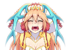 Rule 34 | 1girl, breasts, cleavage, crying, dream demon, closed eyes, hat, long hair, open mouth, puzzle &amp; dragons, sakuya (p&amp;d), simple background, solo, tears, teeth, tongue, white background