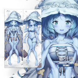 Rule 34 | 1girl, bakugadou, barefoot, blue eyes, blue hair, blue hat, blue skin, blush, breasts, cloak, colored skin, dakimakura (medium), elden ring, extra arms, fur cloak, hat, highres, large breasts, looking at viewer, lying, navel, on back, open mouth, ranni the witch, short hair, solo, witch hat