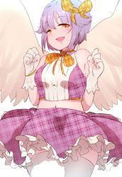 Rule 34 | 1girl, angel wings, bare shoulders, belly, blush, bow, breasts, clenched hands, gloves, hair bow, hair ribbon, highres, idolmaster, koshimizu sachiko, looking at viewer, medium breasts, open mouth, orange eyes, purple hair, ribbon, sekiyu (spartan), short hair, simple background, small breasts, smug, stomach, thighhighs, thighs, white thighhighs, wings, yellow eyes