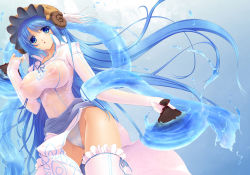 Rule 34 | 1girl, blue hair, breasts, cameltoe, frilled thighhighs, frills, hand fan, hat, highres, horns, impossible clothes, impossible shirt, large breasts, long hair, luminous arc, luminous arc 2, luna (luminous arc), lunaluna, lunaluna (luminous arc), nakano sora, nautilus (animal), nipples, panties, sash, see-through, shirt, solo, thighhighs, underwear, very long hair, white thighhighs