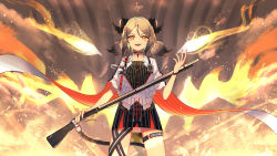 Rule 34 | 1girl, arknights, black choker, choker, cowboy shot, curled horns, dress shirt, fire, highres, holding, holding weapon, horns, ifrit (arknights), long sleeves, looking at viewer, nail polish, open mouth, orange eyes, shirt, short twintails, solo, standing, thigh strap, topu, twintails, weapon
