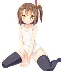 Rule 34 | 1girl, :o, appli-chan, black thighhighs, blush, brown hair, collarbone, covered navel, hair ornament, hairclip, kazuma (kazumav), looking at viewer, new school swimsuit, one-piece swimsuit, school swimsuit, short hair, side ponytail, simple background, sitting, skindentation, solo, swimsuit, thighhighs, visual arts market, wariza, white background, white one-piece swimsuit, white school swimsuit, yellow eyes