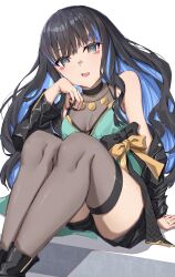 Rule 34 | 1girl, absurdres, bare shoulders, black hair, black jacket, blue hair, blush, breasts, brown thighhighs, closed mouth, colored inner hair, dress, eyeliner, fate/grand order, fate (series), green dress, grey eyes, highres, jacket, jewelry, knees up, long hair, long sleeves, looking at viewer, makeup, multicolored hair, necklace, off shoulder, open clothes, open jacket, open mouth, sidelocks, sitting, small breasts, smile, solo, tenochtitlan (fate), thighhighs, toukan, wavy hair