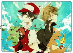 Rule 34 | 2boys, alpha transparency, back-to-back, baseball cap, black shirt, blue oak, blue sky, bulbasaur, charmander, closed eyes, closed mouth, cloud, collared jacket, creatures (company), fiery tail, flame-tipped tail, game freak, gen 1 pokemon, hat, holding pokedex, jacket, light brown hair, locked arms, male focus, multiple boys, nintendo, pixiv red, poke ball, poke ball (basic), pokedex, pokemon, pokemon (creature), pokemon frlg, pokemon hgss, pokemon rgby, red (pokemon), red eyes, red headwear, red jacket, satsuki (miicat), shirt, short sleeves, sky, smile, squirtle, starter pokemon trio, tail, wristband