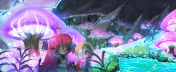 Rule 34 | 2girls, ahoge, animal ears, basket, bird ears, bird legs, blue feathers, blush, cave, coco (eogks), commentary, english commentary, feathers, green hair, hair over one eye, harpy, highres, holding, holding basket, holding mushroom, landscape, long hair, mako (eogks), monster girl, multiple girls, mushroom, navel, nn (eogks), open mouth, orange feathers, original, picnic basket, pointy ears, red feathers, red hair, siblings, sisters, skirt, stream, two-tone wings, very long hair, winged arms, wings