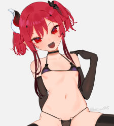 Rule 34 | 1girl, :d, artist name, bare shoulders, beijuu, bikini, black gloves, black thighhighs, breasts, elbow gloves, gloves, navel, open mouth, original, purple bikini, red eyes, red hair, simple background, small breasts, smile, solo, string bikini, swimsuit, thighhighs, twintails, white background