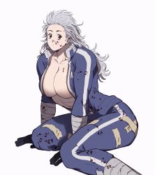 Rule 34 | 1girl, bad id, bad twitter id, black gloves, blood, blood on breasts, blood on clothes, blood on face, blue pants, breasts, closed mouth, collarbone, commentary request, dorohedoro, ear piercing, gloves, grey hair, highres, jacket, large breasts, long hair, looking at viewer, no bra, noi (dorohedoro), open clothes, open jacket, pants, piercing, red eyes, simple background, solo, track jacket, track pants, track suit, uei (uei73661268), white background