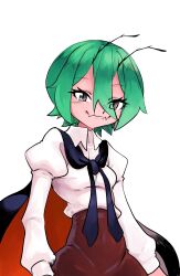 Rule 34 | 1girl, alternate eye color, antennae, black cape, breasts, brown eyes, brown shorts, cape, closed mouth, collared shirt, commentary request, covered navel, cowboy shot, eyes visible through hair, fangs, green hair, hair between eyes, high-waist shorts, highres, juliet sleeves, kaninocrab, long bangs, long sleeves, looking at viewer, puffy sleeves, red cape, shirt, short hair, shorts, simple background, skin fangs, small breasts, smile, solo, touhou, two-sided cape, two-sided fabric, white background, white shirt, wriggle nightbug