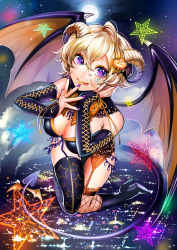 Rule 34 | 1girl, :p, asymmetrical legwear, bare shoulders, black thighhighs, blonde hair, boots, breasts, city lights, cleavage, cloud, demon girl, demon horns, demon tail, demon wings, detached sleeves, elbow gloves, eyelashes, eyeshadow, facial mark, fingernails, fingers to mouth, full body, full moon, garter straps, gloves, halloween, hand on own face, high heel boots, high heels, horns, large breasts, licking lips, lips, lipstick, looking at viewer, makeup, matsurika youko, moon, nail polish, original, purple eyes, purple nails, short hair, sky, smile, solo, star (sky), star (symbol), star print, starry sky, tail, thick lips, thighhighs, thighs, tongue, tongue out, uneven legwear, wings