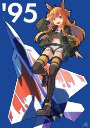 Rule 34 | 1girl, absurdres, ace combat, aircraft, airplane, animal ears, black bow, black thighhighs, bomber jacket, boots, bow, brown footwear, dog tags, ear bow, f-22, f-22 raptor, fighter jet, green jacket, highres, horse ears, horse girl, jacket, jet, laminar flow, long hair, mayano top gun (umamusume), midriff, military, military vehicle, navel, open mouth, orange hair, salute, shorts, smile, solo, tank top, thighhighs, umamusume, white shorts, yellow eyes