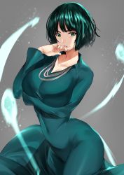 Rule 34 | 1girl, arm under breasts, black hair, breast hold, breasts, collarbone, collared dress, covered navel, cowboy shot, dress, fubuki (one-punch man), green dress, green eyes, hand on own face, highres, hotate-chan, jewelry, large breasts, long sleeves, looking at viewer, necklace, one-punch man, parted lips, short hair, simple background, solo, standing, telekinesis