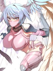 Rule 34 | 1girl, arm wrap, armor, blue eyes, blue hair, blush, breastplate, breasts, bright pupils, carcass (artist), claws, collar, covered erect nipples, digimon, digimon (creature), feathers, flying, gloves, head wings, highres, impossible clothes, large breasts, leg up, looking at viewer, mask, midriff, mouth mask, multiple wings, navel, pauldrons, short hair, shoulder armor, shutumon, simple background, solo, swept bangs, thighhighs, tsurime, white background, wings