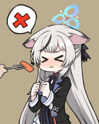 Rule 34 | &gt; &lt;, 1girl, 1other, :i, animal ears, black dress, black hair, black ribbon, blue archive, blush, brown background, carrot, clenched hand, closed eyes, commentary, dress, feeding, food, fork, grey hair, hair ribbon, halo, holding, holding fork, kokona (blue archive), long hair, long sleeves, multicolored hair, nose blush, ribbon, sakaguchi (x+1), sidelocks, simple background, solo focus, spoken x, streaked hair, symbol-only commentary, very long hair, x