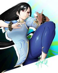 Rule 34 | 1girl, artist name, black hair, bracelet, breasts, capcom, chinese clothes, chun-li, chun-li (cosplay), closed mouth, cosplay, earrings, fighting stance, final fantasy, final fantasy vii, final fantasy vii remake, haku (coffeeandink ), highres, jewelry, large breasts, leg up, long hair, pants, red eyes, short sleeves, signature, solo, square enix, street fighter, street fighter 6, tifa lockhart, tight clothes, tight pants