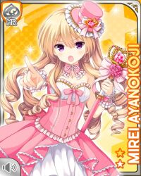 Rule 34 | 1girl, :o, ayanokoji mirei, blonde hair, bow, card, character name, curly hair, dress, drill hair, girlfriend (kari), hair ornament, hat, long hair, magical girl, official art, open mouth, ouju, pink bow, pink dress, pink hat, pointing, pointing at viewer, purple eyes, qp:flapper, ringlets, solo, standing, tagme, top hat, v-shaped eyebrows, very long hair, wand, yellow background