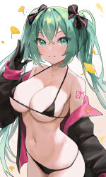 Rule 34 | 1girl, areola slip, autumn leaves, bare shoulders, bikini, black bikini, black bow, black jacket, blush, bow, breasts, cleavage, closed mouth, cowboy shot, falling leaves, ginkgo leaf, gradient background, green eyes, green hair, hair bow, hand up, hatsune miku, highres, jacket, large breasts, leaf, long hair, long sleeves, micro bikini, nakony, navel, number tattoo, off shoulder, open clothes, open jacket, shoulder tattoo, smile, solo, swimsuit, tattoo, twintails, very long hair, vocaloid, white background, yellow background