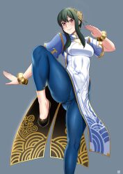 Rule 34 | black hair, blue pantyhose, bracelet, capcom, chinese clothes, chun-li, chun-li (cosplay), cosplay, finalcake, hairband, highres, jewelry, leg up, looking at viewer, pantyhose, pelvic curtain, red eyes, smile, spy x family, street fighter, street fighter 6, thick thighs, thighs, yor briar