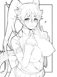 Rule 34 | 1girl, between breasts, blush, breasts, breasts out, commentary, deku suke, dragon tail, extra ears, frilled sleeves, frills, greyscale, hair between eyes, heart, highres, kemono friends, large breasts, long hair, long sleeves, looking at viewer, monochrome, navel, necktie, necktie between breasts, nipples, open clothes, open shirt, seiryuu (kemono friends), smile, solo, sweat, tail, twintails, upper body, v, wavy mouth