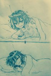Rule 34 | +++, 1girl, 2koma, arrow (symbol), bare arms, blanket, blush, bracelet, breasts, closed eyes, collarbone, comic, commentary request, cone horns, efukei, hair between eyes, highres, horns, jewelry, kijin seija, looking at viewer, lying, medium breasts, monochrome, on side, overalls, pillow, short hair, sleeveless, smile, touhou, traditional media, translation request