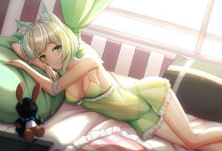 Rule 34 | 1girl, animal ear fluff, animal ears, arknights, backlighting, bad id, bad pixiv id, blush, breasts, breasts apart, cat ears, green eyes, green hair, highres, kal&#039;tsit (arknights), lingerie, looking at viewer, lying, medium breasts, ml devil23333, negligee, on bed, on side, smile, solo, thigh gap, underwear