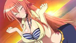 Rule 34 | 1girl, annoyed, bare shoulders, beach, belt, bikini, bikini top only, blush, breasts, closed mouth, closed eyes, fang, game cg, hair between eyes, hair ornament, hairclip, horizon, lamia, large breasts, long hair, miia (monster musume), monster girl, monster musume no iru nichijou, monster musume no iru nichijou online, ocean, open mouth, orange eyes, pointy ears, red hair, scales, shirt, skirt, slit pupils, smile, solo, sunset, swimsuit, tail, tied shirt, wavy mouth, yellow eyes