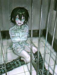 Rule 34 | 1other, absurdres, androgynous, aqua eyes, bars, belt boots, black footwear, black hair, boots, commentary, from above, hair between eyes, highres, in cell, indoors, long sleeves, looking at viewer, open mouth, oqo 808, original, prison cell, shirt, short hair, solo, straitjacket, white shirt