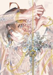 Rule 34 | 1boy, absurdres, androgynous, blue eyes, brown hair, chain, closed mouth, expressionless, gold chain, haru (yckd5728), highres, jewelry, long sleeves, looking at viewer, looking down, male focus, original, see-through, see-through sleeves, shirt, short hair, solo, white background, white shirt, white theme
