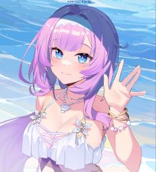 Rule 34 | 1girl, 2022, absurdres, artist name, barefoot, bikini, blue eyes, breasts, cleavage, elf, elysia (honkai impact), elysia (miss pink elf) (honkai impact), fled, highres, honkai (series), honkai impact 3rd, jewelry, large breasts, long hair, looking at viewer, necklace, ocean, outdoors, pink hair, pointy ears, ponytail, sand, seashell, shell, shell necklace, solo, swimsuit, water, white bikini